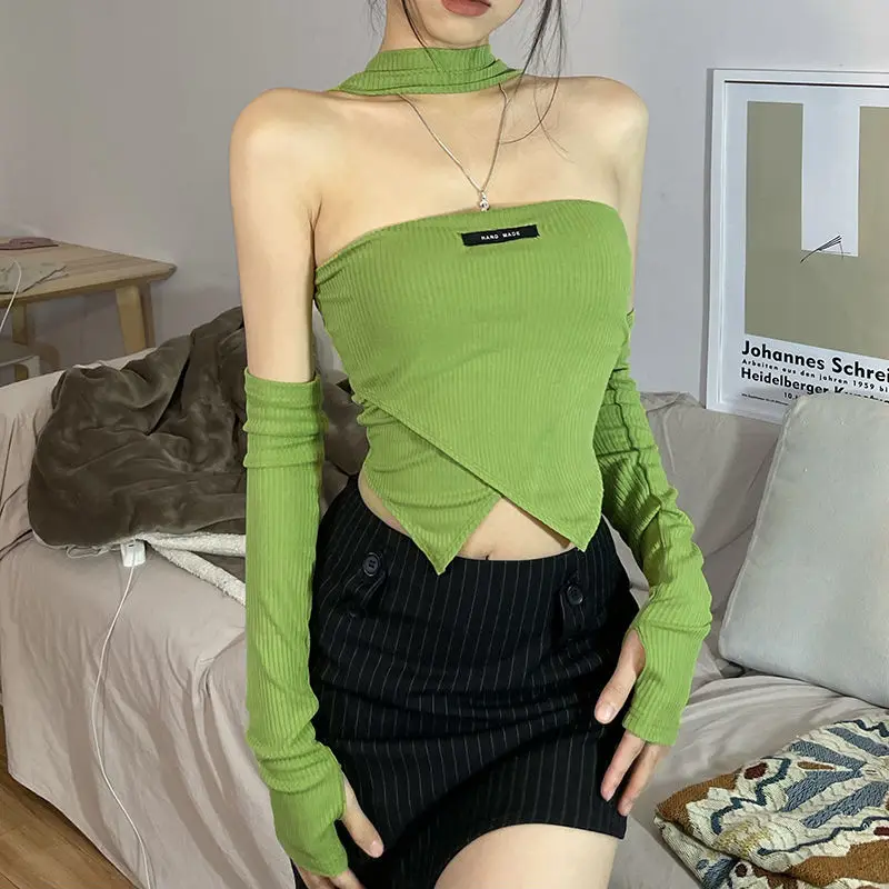 Green Sexy Versatile Hanging Neck Style Off Shoulder Long Sleeve T-shirt Short Slim Top Pure Lust Style Sweet Spicy Versatile