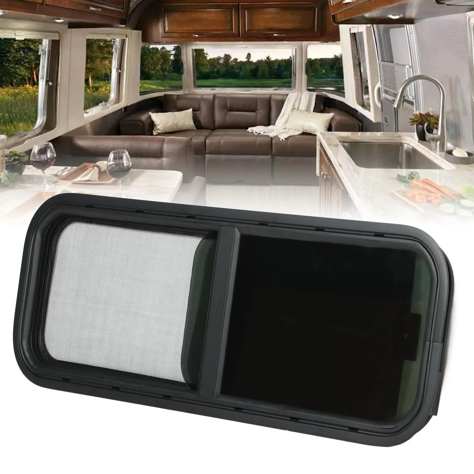 Camper Trailer 900x300mm Round Angle Sliding RV Window Black Tempered Glass Shade Window