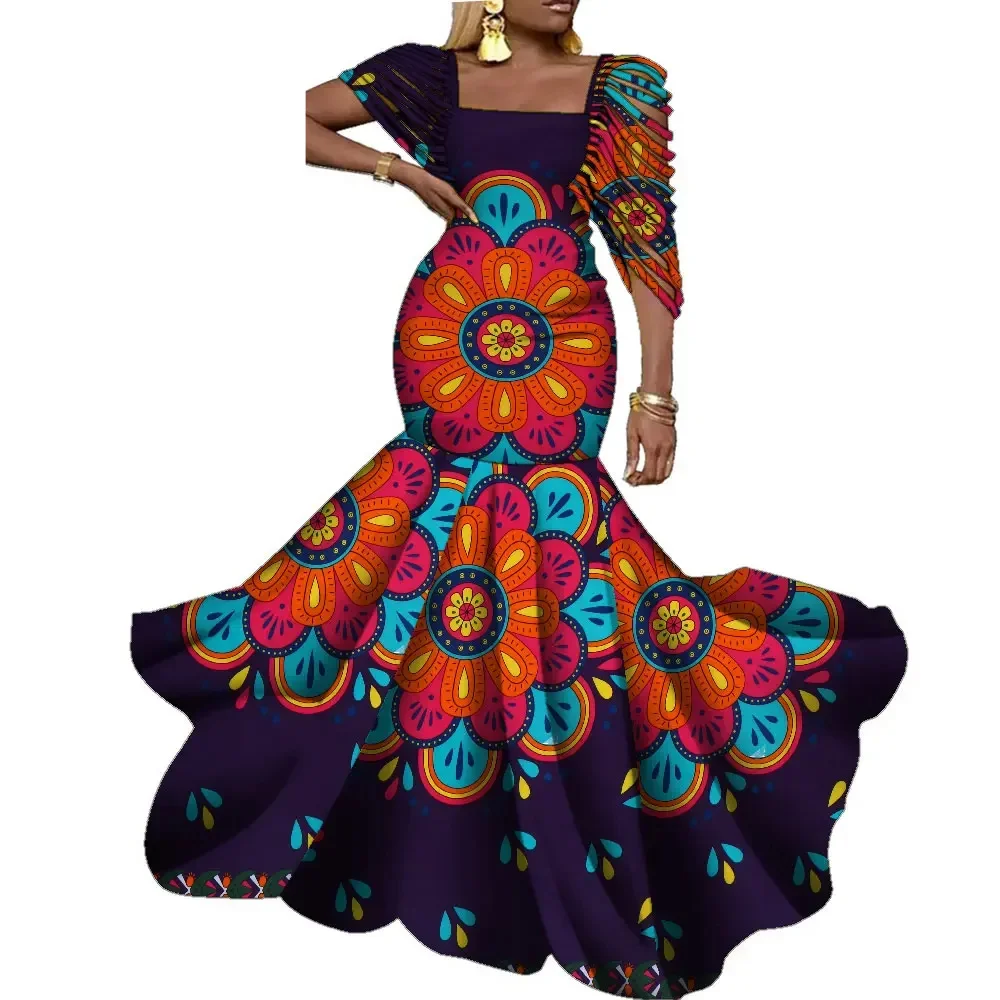 African Dresses for Women Wedding Party Elegant Lady Wax Print Plus Size Long Clothing Vestido KG920