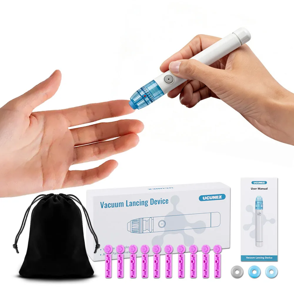 No-Pain Vacuum Lancing Pen Blood Glucose Testing Device Painless Diabetes Home Health Test Device with 10 Free Lancets Included