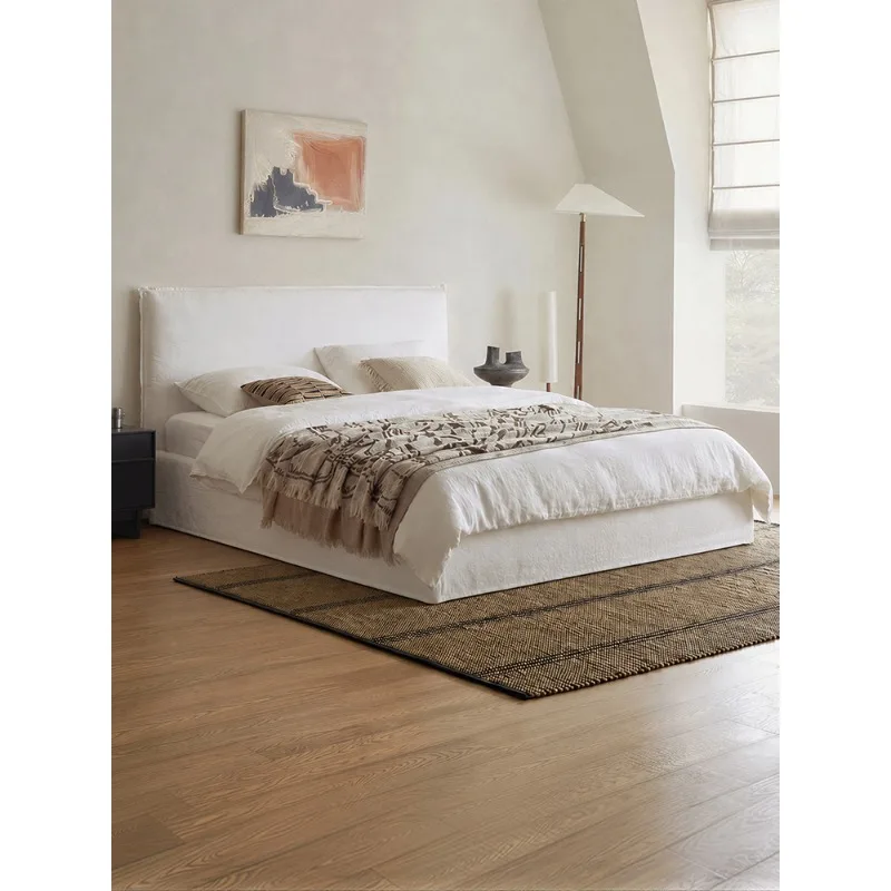 Master bedroom bed, French cream wind can be fully dismantled and washed linen fabric soft bag bed, bedroom double bed