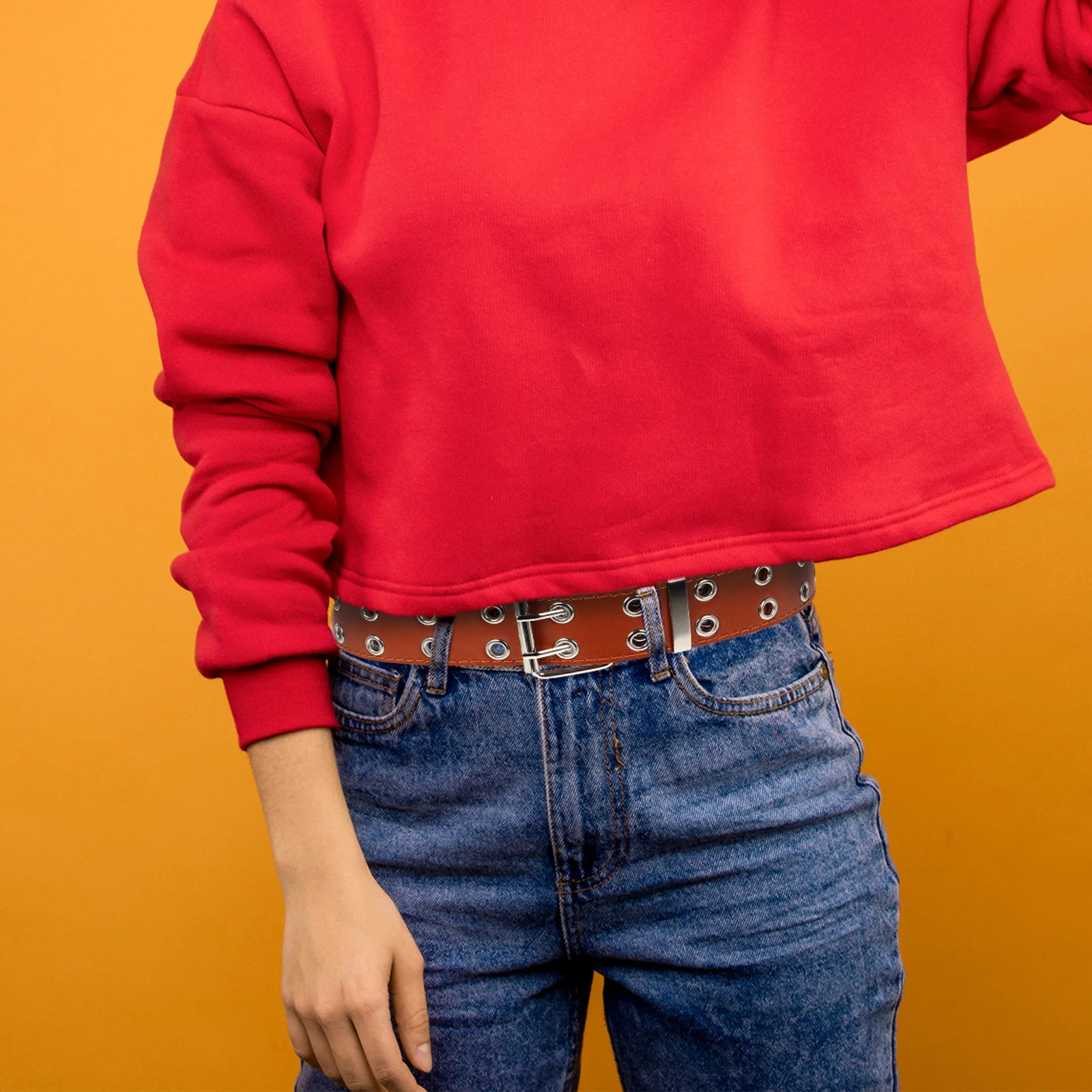 

Vintage Punk Womens Double Grommet Belt Wide PU Chain Waist Belt Brown Adjustable for Jeans Grommet Belts Women Belts for Pants