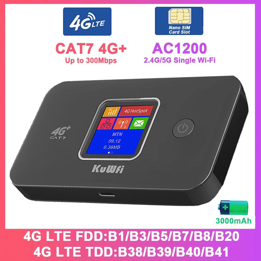 

KuWFi CAT7 4G LTE Router 1200Mbps 2.4G/5G Single WiFi Rate Portable Pocket 4G+ Mobile Modem 3000mAh Plug & Play Support 10 Users