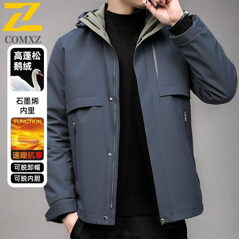 

COMXZ Men Down Jacket Fashion Hooded American Style Lightweight Outdoor Adventure Cold Resistant Down Inner Layer Garment