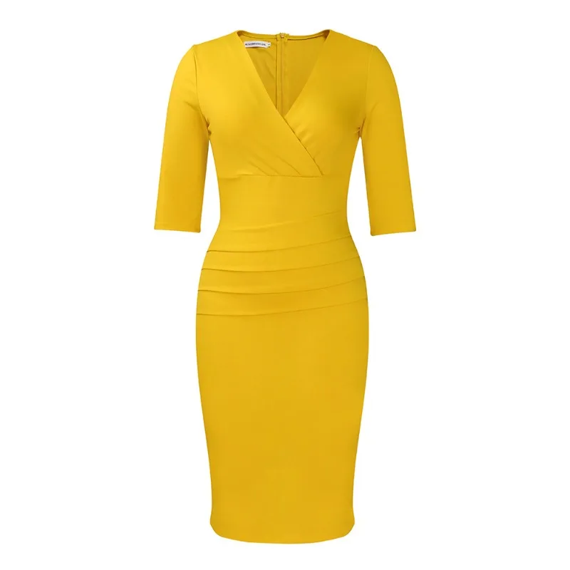 Spring Autumn Fashion Office Ladies Pencil Dress Women Casual V-neck Slim Pleated Dress African Women