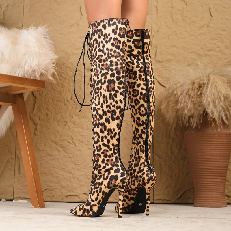 Women Shoes High Heels Leopard Print Open Toe Lace Up Colorblock 11cm Stiletto Over Knee Boots Elegant Sandals For Woman 41 42