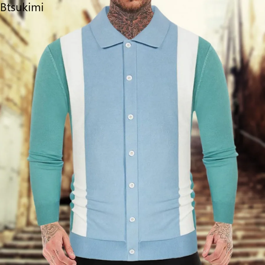 Spring Autumn New Men's Knitwear Sweater Trend Patchwork Contrast Long Sleeve Knit Tops Cardigan Man Business Casual Polo Shirts