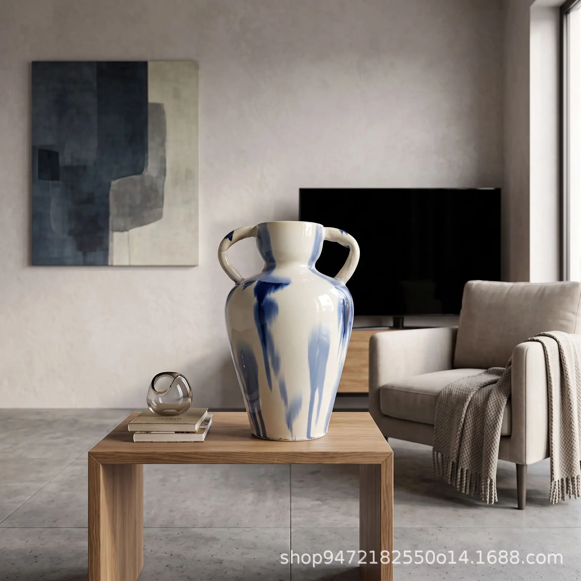 Ceramic binaural blue and white splashing ink vase, modern art style, living room soft decoration