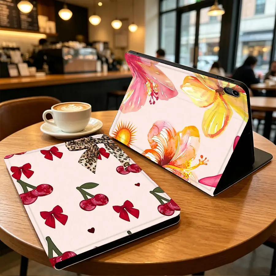 Cherry Leopard Bow Case for Apple iPad 10th 7/8/9th Pro11 13 Air 11 13 M4 M3 M2 A16 2026 With Pencil Holder Air 4/5/6th