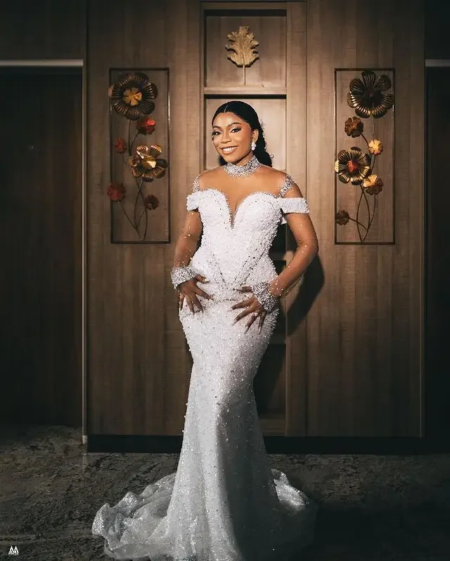 

Customized Arabic Plus Size Luxurious Mermaid White Wedding Dress Beaded Crystals Bridal Gowns Dresses
