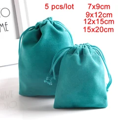 Jóias Embalagem Velvet Pouch, Drawstring Gift Bags, Blue Wedding Candy Bags, Saquetas de tecido, Make Up Storage, Personalizar Logotipo, 5Pcs por lote