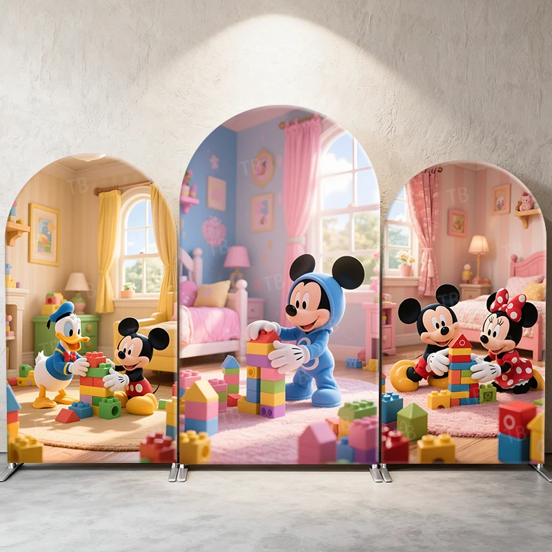 

Disney Mickey Minnie Block Play Theme Arch Backdrop Cover Kids Bedroom Party Decor Photo Booth Background Baby Shower Supplies