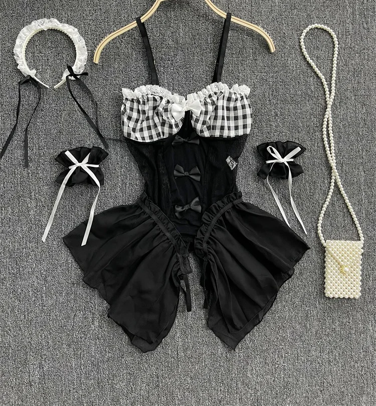 Cute Maids Uniform Erotic Bodysuits Ladies Cosplay Sheer Slim Playsuits Female Bow Lace Spliced Sexy Lingerie Rompers
