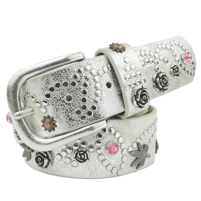 Women Belt Luxury Brand Designer Leaves Flowers Rhinestone Rivets Pin Buckle PU Leather Belts for Women Jeans Waistband