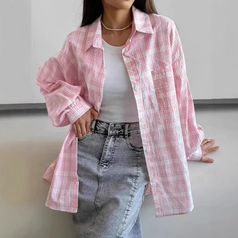 

2026 American College Style Pink Plaid Shirt for Women, Loose Long-sleeved Shirt for Streetwear and Layering
