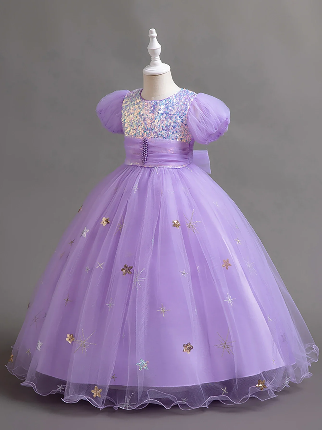 보라색 푹신한 어린이 버블 소매 롱 드레스 파티용 소녀 스팽글 공주 드레스 꽃 소녀 드레스