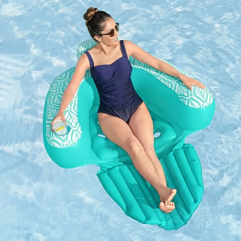 

Надувное кресло-шезлонг для одного человека, с подголовником и подстаканником, из мягкой флокированной ткани, складное и портативное, 145×120 см, подходит для бассейнов, озер и морской воды.