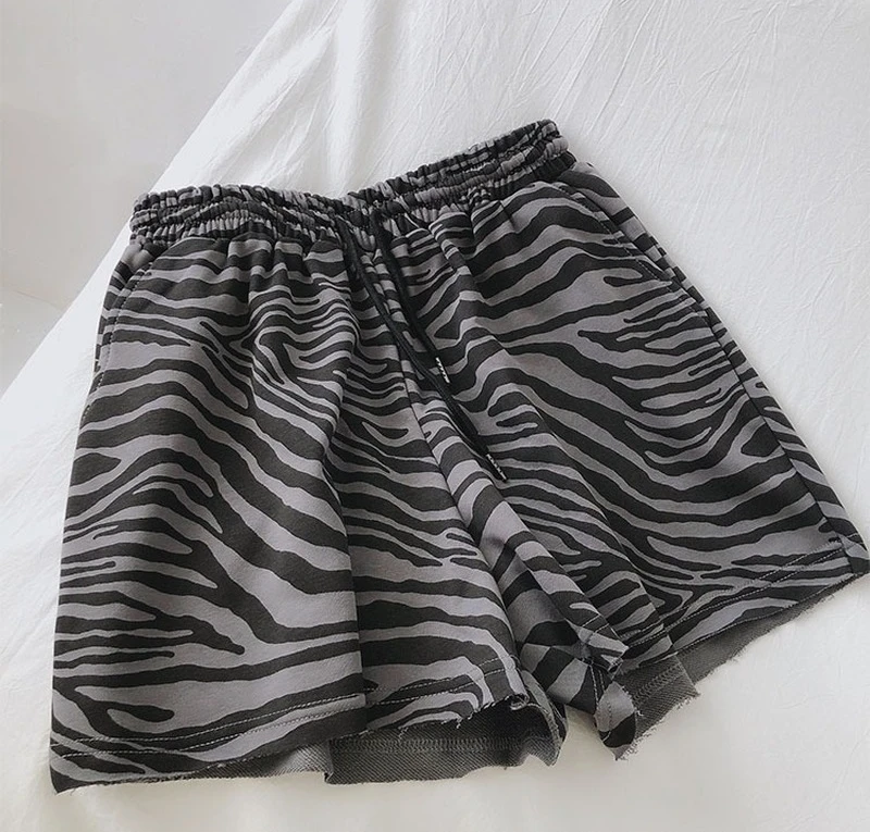 Women  Korean Loose Casual College Style High Waist  Female Wide Leg Short Zebra Pattern Summer Breathable Sports Shorts New