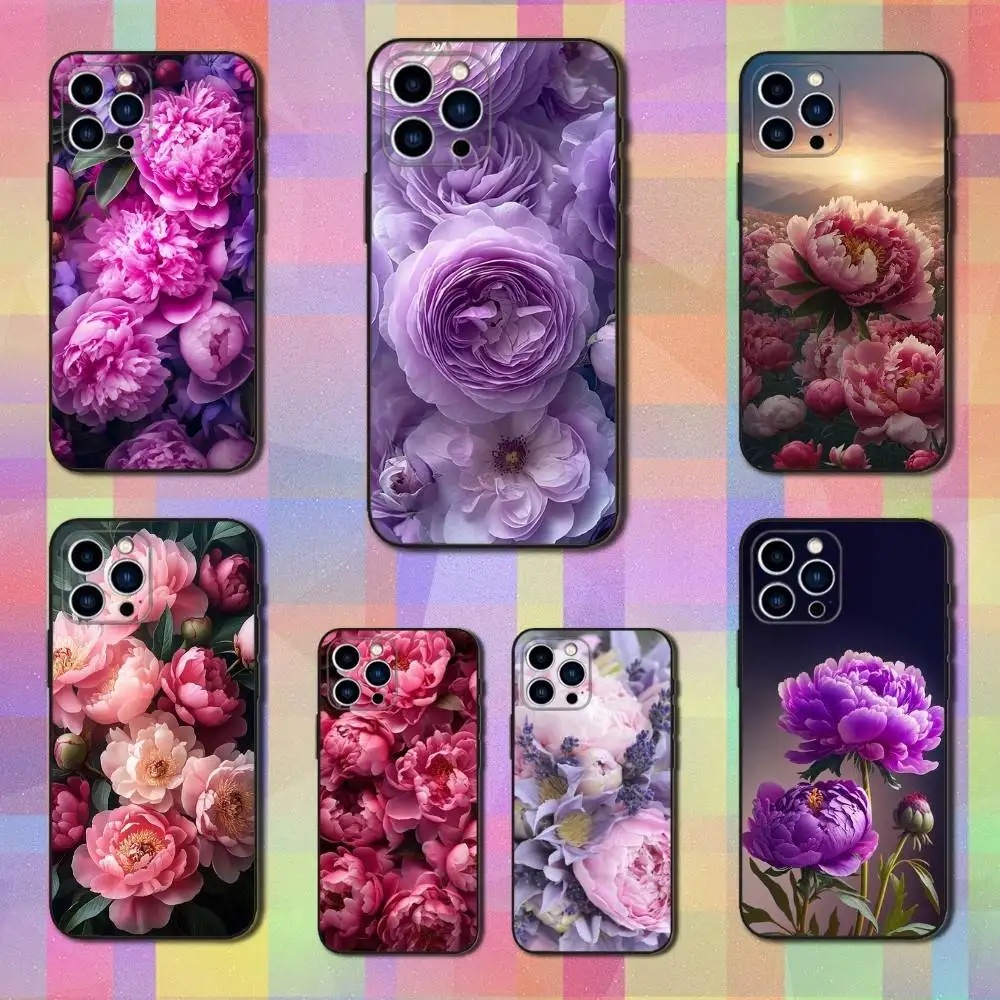 

Elegant Art Pink Peony Phone Case For iPhone 16,15,14,17,13,12,11 Plus,Pro Max,XS,X,XR,SE,Mini,8,7,Soft Silicone Black Cover