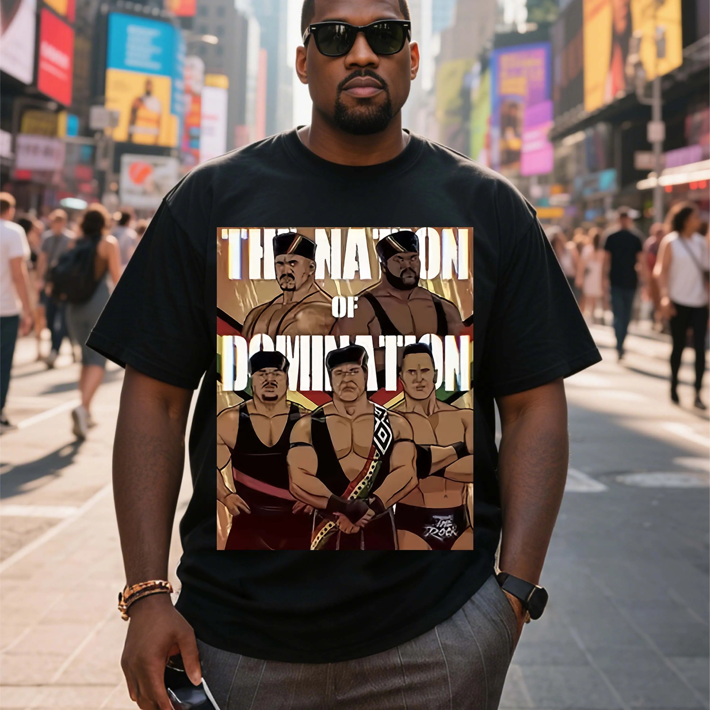 Plus Size Black Men's T-Shirt with Wrestling Theme“Nation of Domination” Pattern Suitable for Outdoor Leisure Wear in Summer