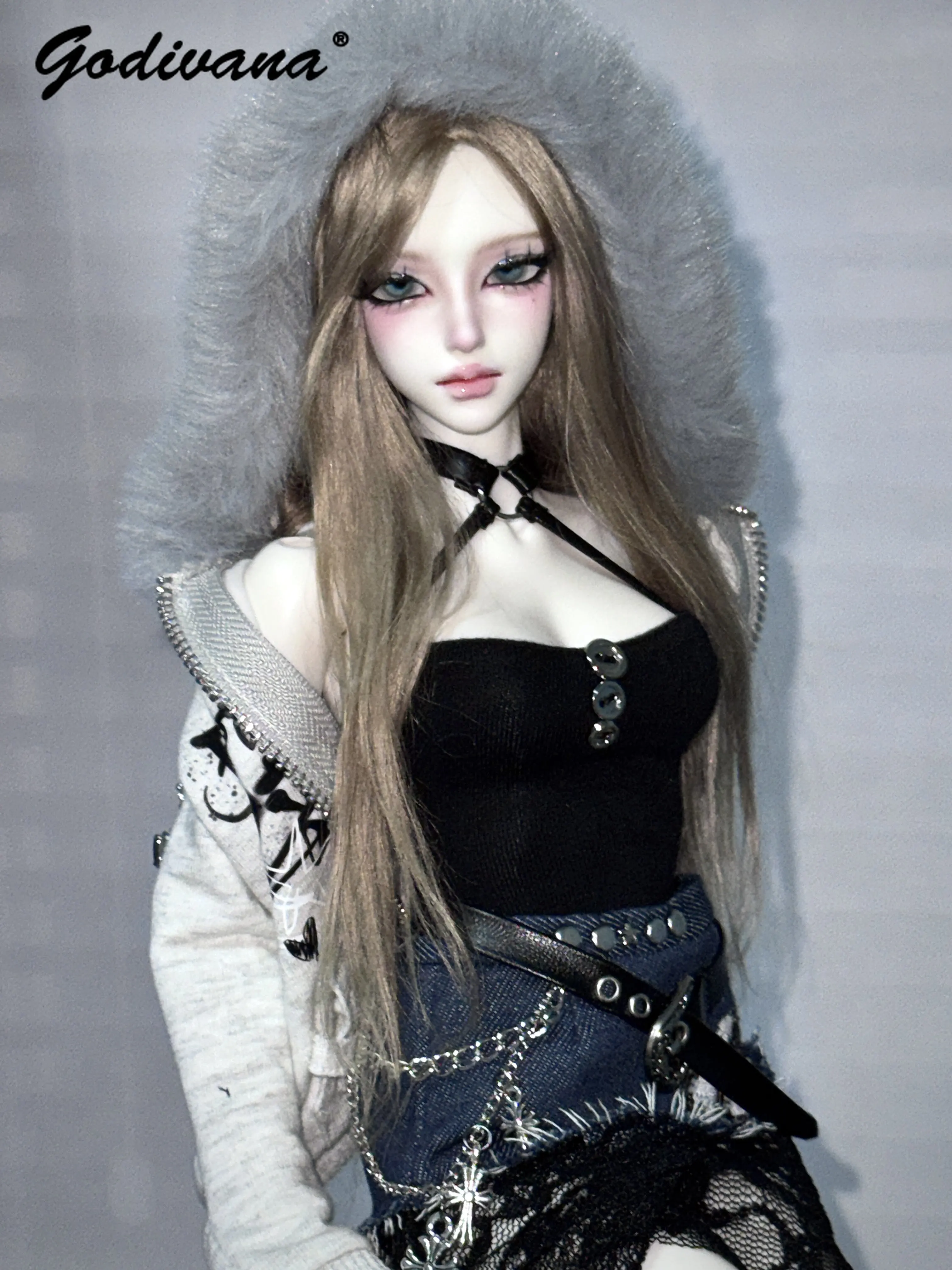1/4 BJD Doll Clothes Subculture Punk Street Graffiti Hooded Jacket Denim Lace Patchwork Skirt with Mesh Leg Socks for 1/4 BJD