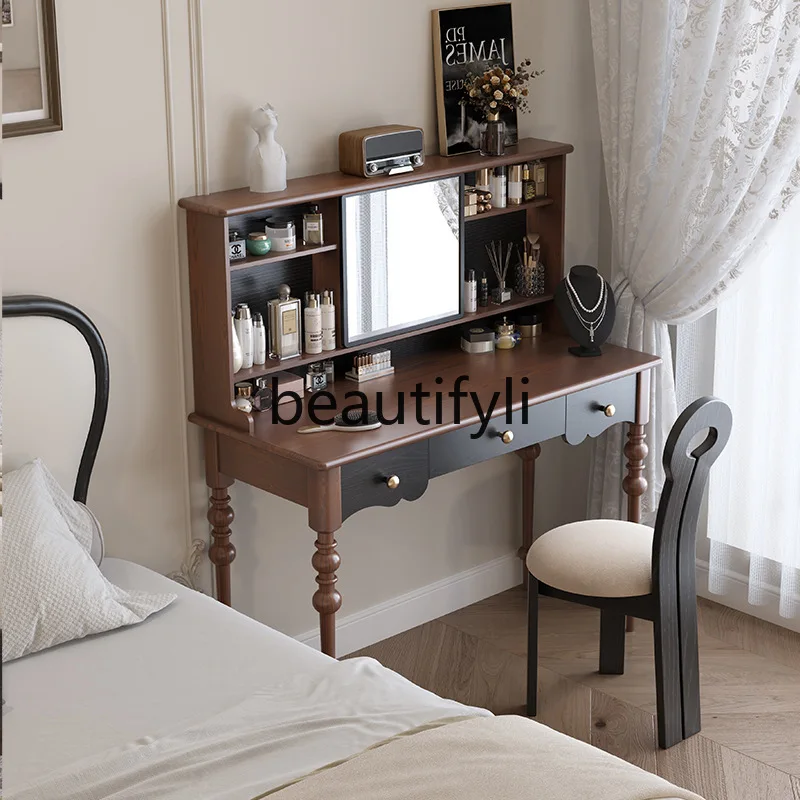American French Retro Master Bedroom Red Oak Dressing Table Storage Cabinet Desk Integrated Household Black Makeup Table