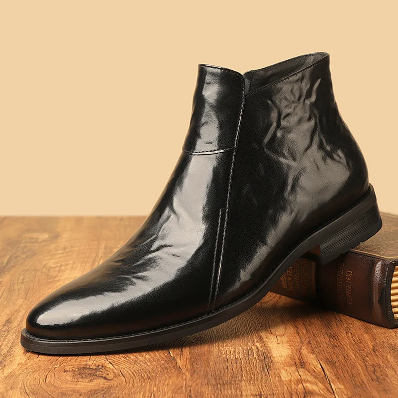 Chelsea boots retro British pointed high top leather boots casual leather shoes men's winter warm short boots with fleece