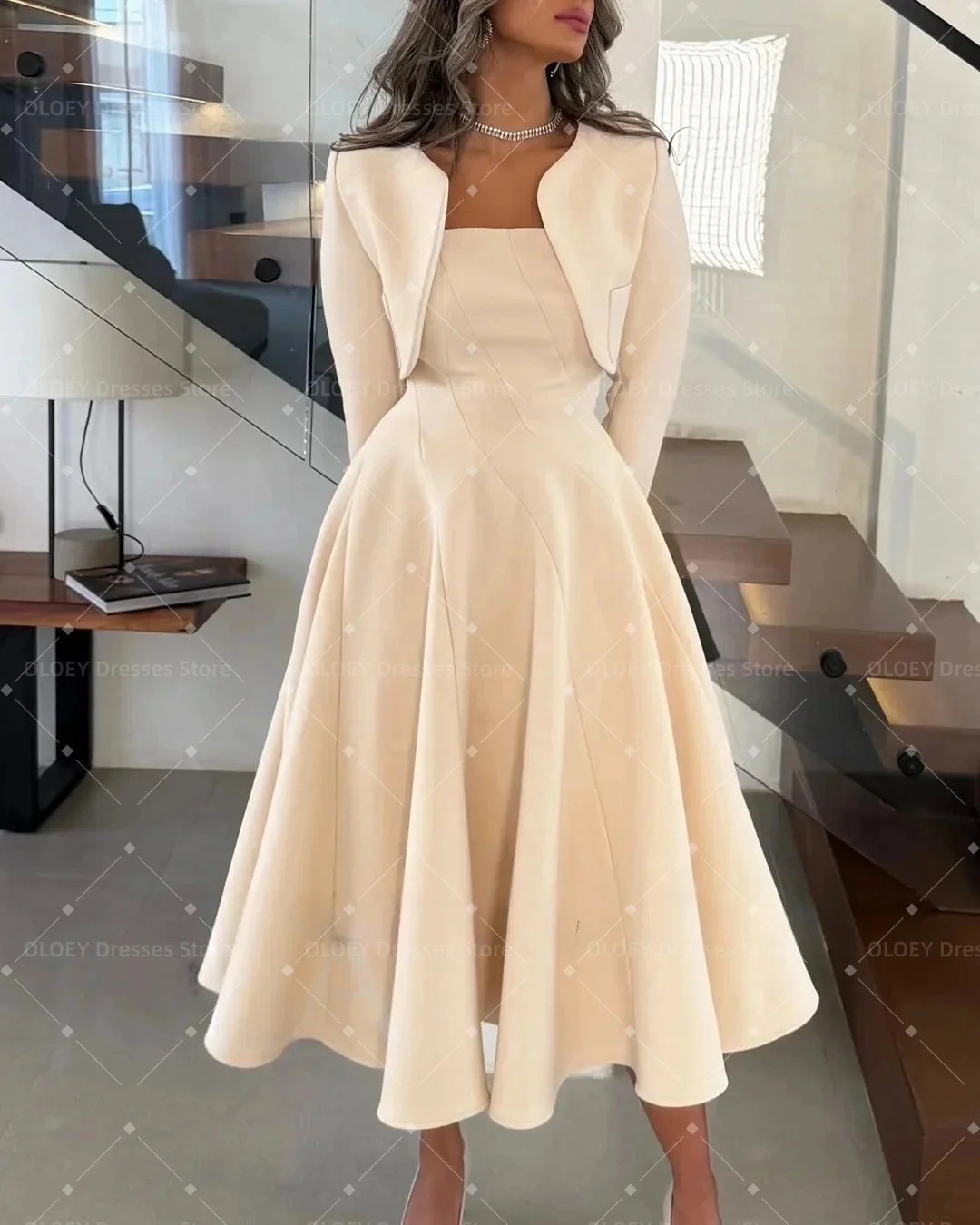 

OLOEY Simple A Line Evening Dresses with Jacket Square Collar Neck Mid-calf Length Wedding Party Gown Zipper Back Customized