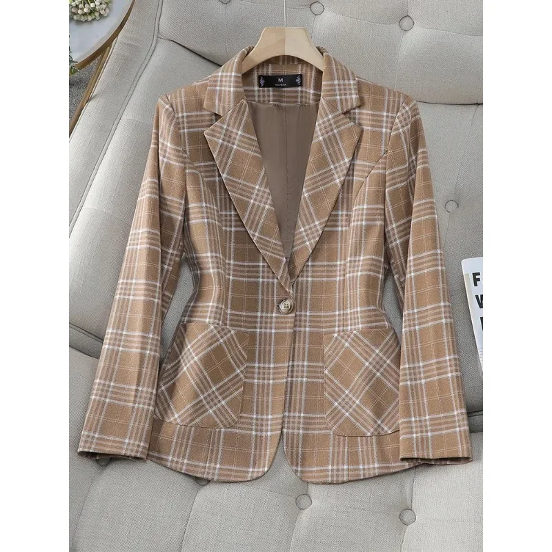 Mode Damen Blazer Damen Jacke Khaki Kaffee grün kariert Langarm weibliche Business-Arbeit tragen formellen Mantel mit Tasche