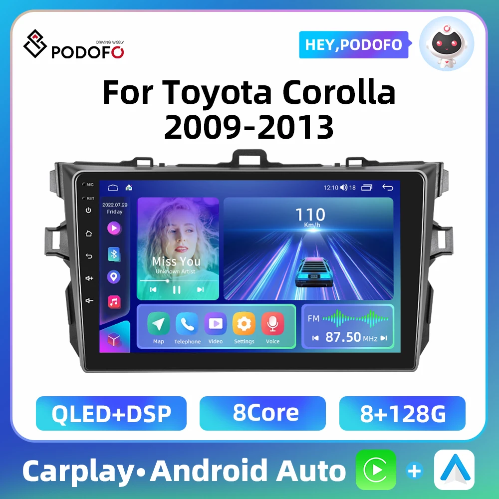 Podofo 9'' Android Car Radio For Toyota Corolla 2009-2013 2Din Multimedia Player Carplay Android Auto WIFI GPS FM BT Autoradio