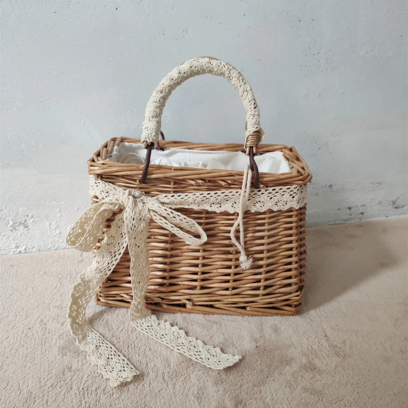 Straw Bags for Women Rattan Handmade Woven Purses and Handbags Ladies Lace Bowknot Basket Tote Beach Hand Bag