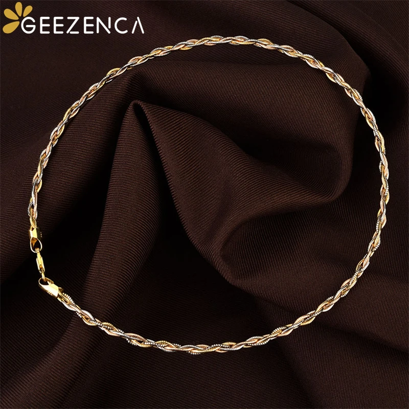 GEEZENCA Italian Jewelry 925 Sterling Silver 4mm Tricolor 4 Thread 3D Stereoscopic Braided Chain Necklace For Women Luxury Gift