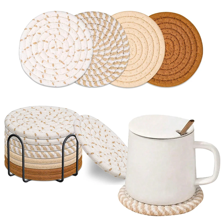 8-Piece Set Absorbent Coasters for Drinks, Minimalist Cotton Woven Coasters Coffee Table Decor Boho Cute Cup Coasters