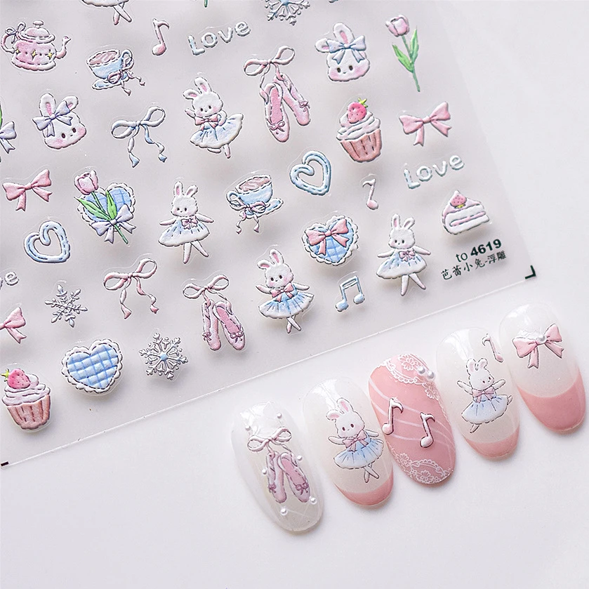 Rabbit Bunny Snowflake Tulip Flower Cup Bowknot Ballet Shoes Love Heart Strawberry Cake Adhesive Nail Art Sticker Manicure Decal