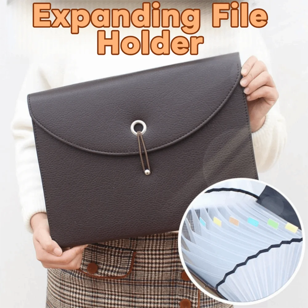 Waterproof PU Leather Document Bag with Labels Portable Expanding File Holder Multifunctional Elastic Sealing Design