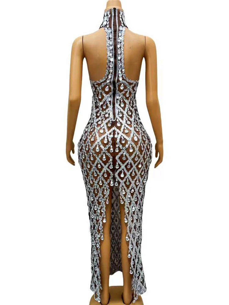 Luxury Sliver Crystals Evening Women Dress Shining Sequins Party Club Wear See Through Mesh Drag Queen Show Sing Dance Stage