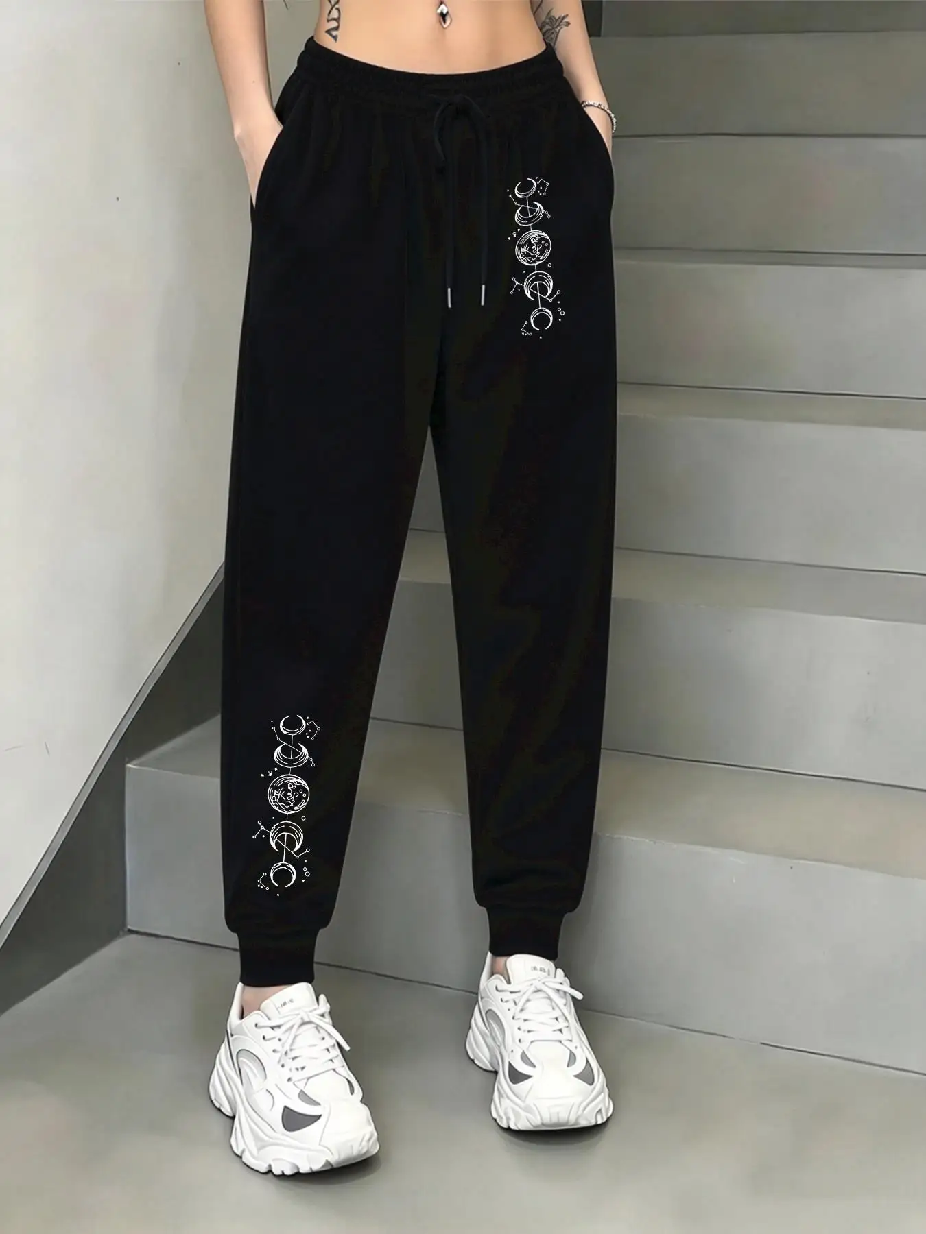 Moon Stars Celestial Printed Women'S Sweatpant Autumn Hip Hop Female Streetwear Pocket Warm Jogging Pant Fleece Clothing