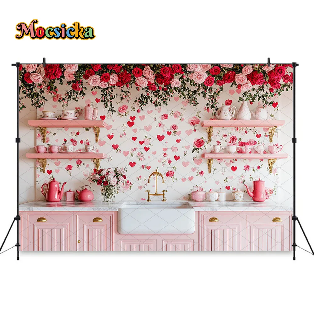 Valentine's Day Photography Background for Girls Roses Flower Balloon Gift Bear Backdrop Kids Birthday Cake Smash Photo Studio