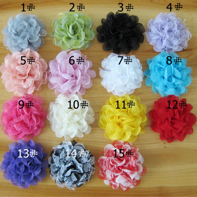 200pcs/lot 11CM 15Colors Chic Frayed Lace Flowers Artificial Chiffon Fabric Flowers For Wedding Dress Decoration