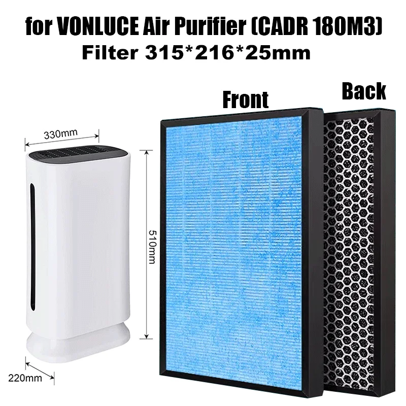 3 IN 1 Air Purifier H13 Hepa Filter and Activated Carbon Air Filter for VONLUCE Air Purifier 315*216*25mm (1pc)