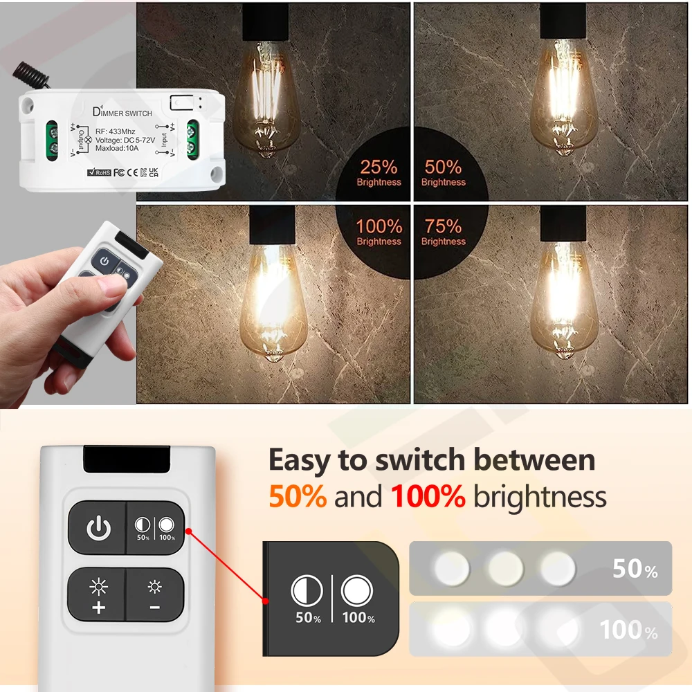 Tedeligo DC 5V 6V 12V 24V 30V Dimmer Wireless Interruttore Luce Interruttore di Controllo Remoto RF 433MHz Relè Ricevitore Modulo Dimmerabile