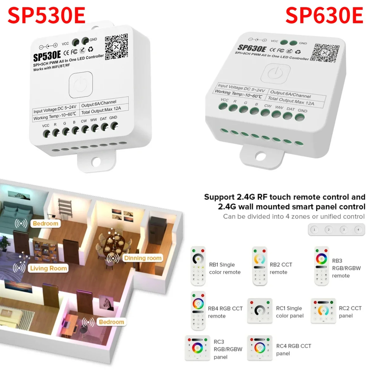 12-in1 SP530E Wifi LED Controller /BT PWM SPI Pixel Dimmer SP630E Google Home Voice Control for Single Color RGB RGBW LED Strip