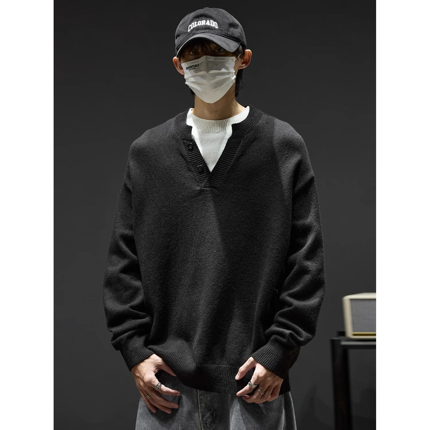 

Мужской вязаный свитер в американском стиле с воротником Хенри, свободный крой, V-образный вырез, осенне-зимняя новинка, модный, из полиэфирного волокна