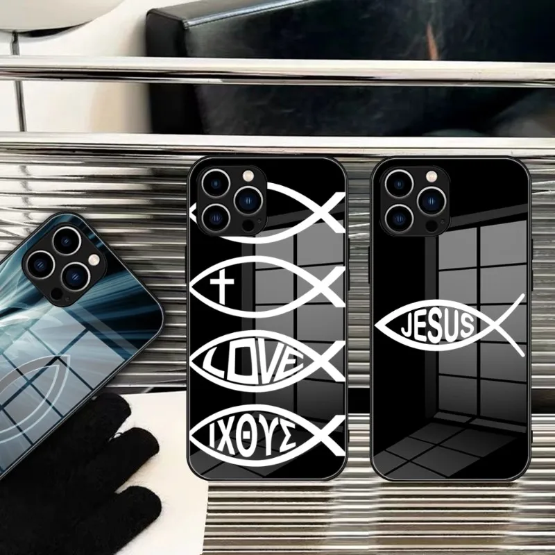 Fish Symbol Jesus Christ Christian Phone Case Glass For IPhone 14 15 11 12 Pro 8 7 14 15 Plus 13 Pro MAX XR iphone 15 Covers