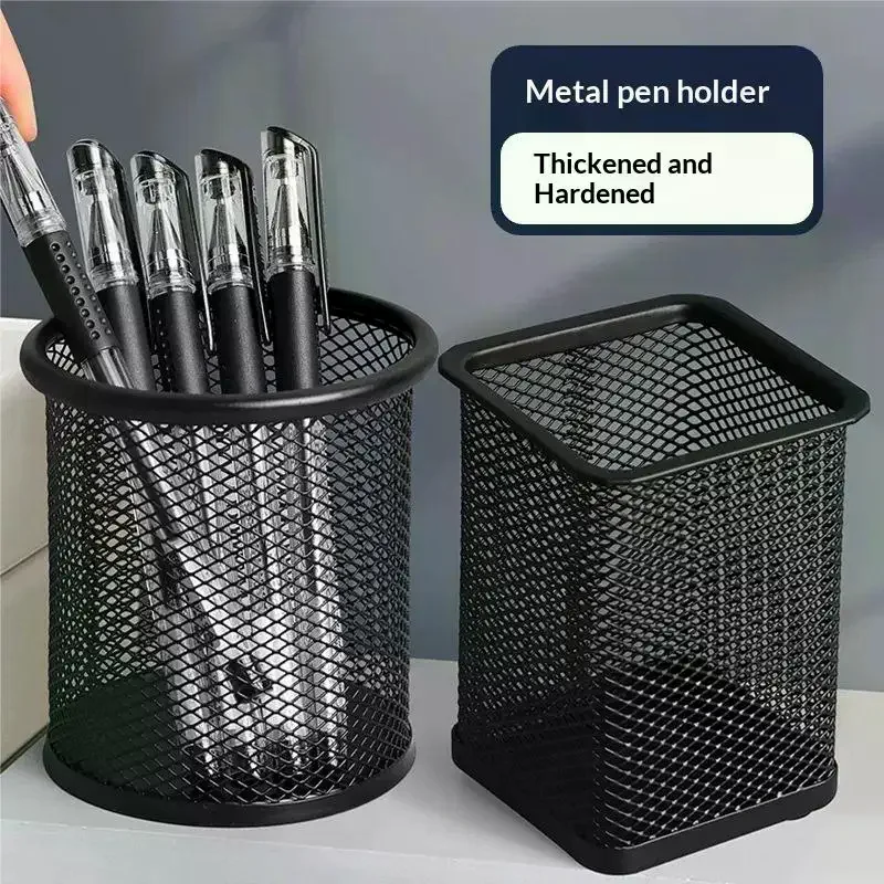 Black Pencil Holder Office Desktop Metal Mesh Pen Holders Square/Round Pen Pot Cup Case Container Organiser Durable Pencil Case