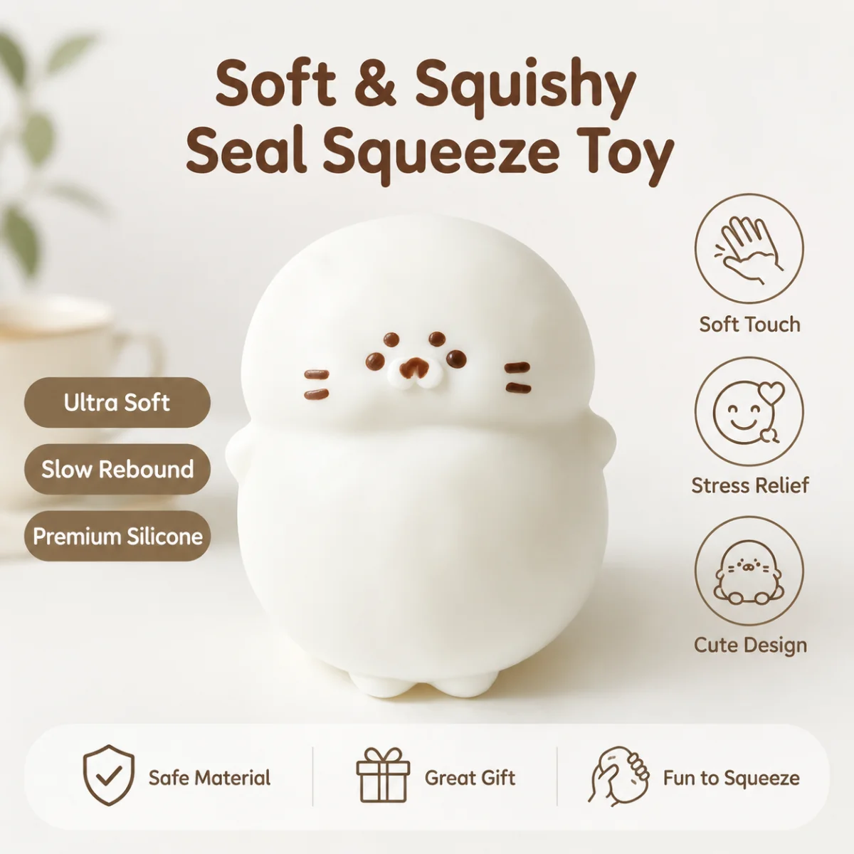 Food Grade Round Chubby White Seal Squishy Toy Cute Mini Whisker Face Design Slow Rebound Fidget Squeeze Toy  For Children