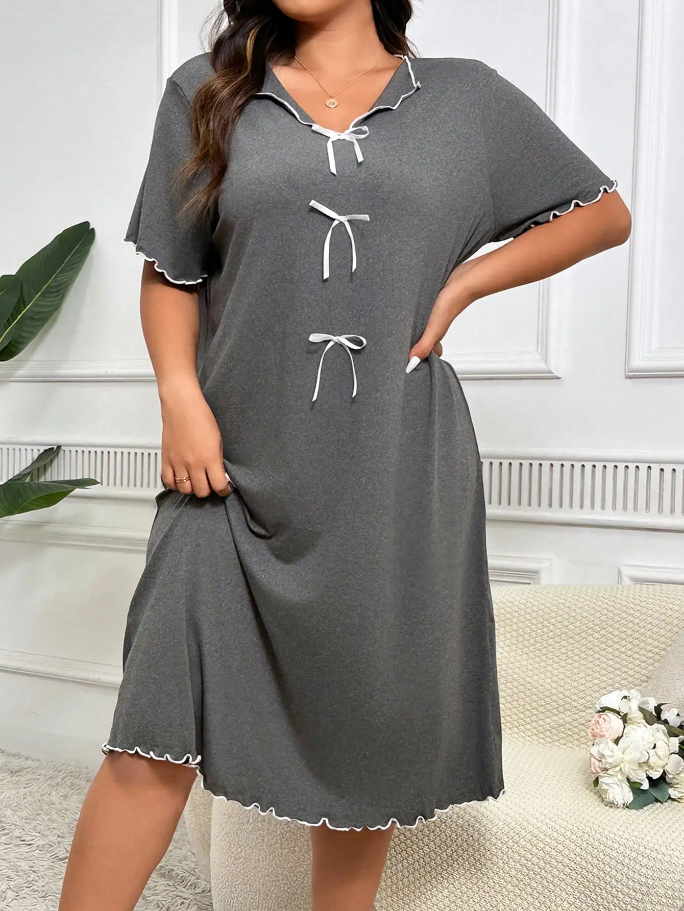 

Plus Size Grey Midi Nightgown with Bowknot Detail and Ruffled Trim for Women