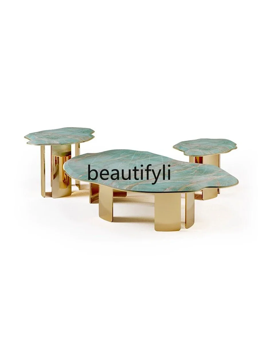 

Italian light luxury marble coffee table combination living room special-shaped designer high and low stainless steel edge table