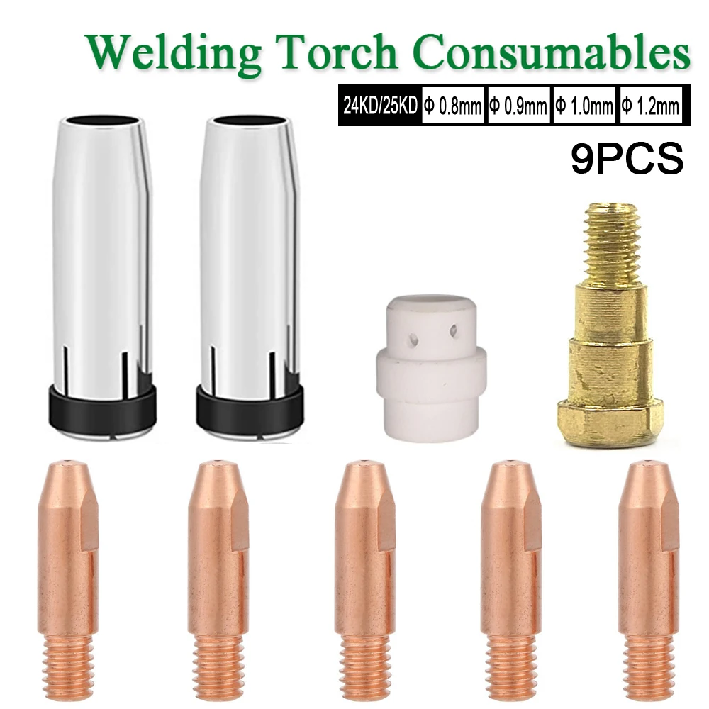 9Pcs 24KD Welding Torch Tips Welder Gun Consumables Gas Nozzle Tips Holder Tips Gas Diffuser for EU Style MIG Torch