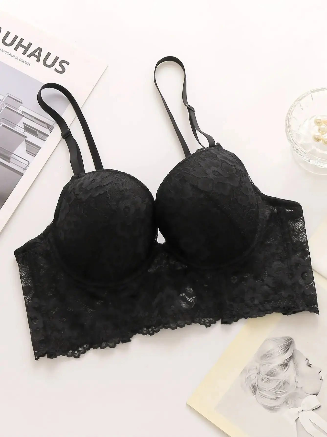 Viomisha Solid Bra with Lace Details Push Up Bras Underwire Padded Underwear B Cup Everyday Brassiere Simple Sexy Lingerie